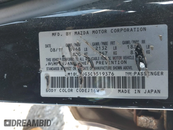 2012 Mazda 3 i Sport with VIN JM1BL1UG3C1519376, listed as a IAAI auction lot 41417140 with 214,831 mi miles and . Bid and sale history available at DreamBid. Image 9.