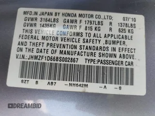 2011 Honda CR-Z EX with VIN JHMZF1D66BS002867, listed as a IAAI auction lot 42520026 with 198,339 mi miles and . Bid and sale history available at DreamBid. Image 9.