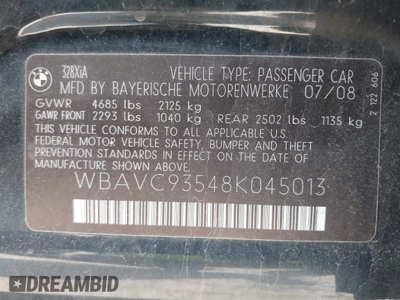 2008 BMW 3 Series 328xi with VIN WBAVC93548K045013, listed as a IAAI auction lot 42183945 with 118,454 mi miles and . Bid and sale history available at DreamBid. Image 9.