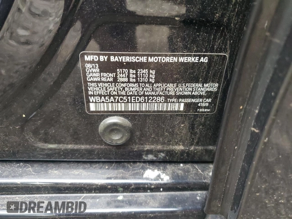 2014 BMW 5 Series 528i xDrive with VIN WBA5A7C51ED612286, listed as a Copart auction lot 62459515 with 165,765 mi miles and Salvage title. Bid and sale history available at DreamBid. Image 12.