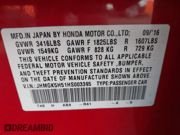 2017 Honda Fit LX with VIN JHMGK5H51HS003395, listed as a IAAI auction lot 41724180 with 93,904 mi miles. Bid and sale history available at carsss.com. Image 9.