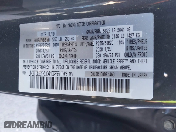 2020 Mazda CX-9 Signature with VIN JM3TCBEYXL0410265, listed as a IAAI auction lot 41226109 with Not Provided miles and . Bid and sale history available at carsss.com. Image 9.