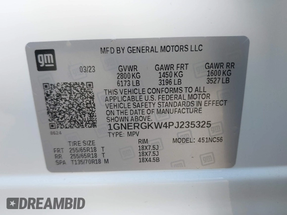 2023 Chevrolet Traverse LT Cloth with VIN 1GNERGKW4PJ235325, listed as a IAAI auction lot 41410261 with 19,918 mi miles. Bid and sale history available at carsss.com. Image 9.