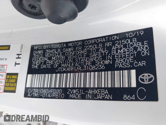 2020 Toyota Prius L Eco with VIN JTDKARFU9L3108236, listed as a IAAI auction lot 42004854 with 89,528 mi miles and . Bid and sale history available at DreamBid. Image 9.