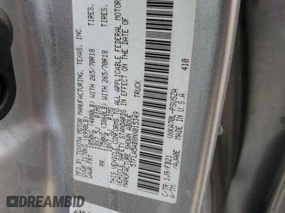 2022 Toyota Tundra 2WD SR5 with VIN 5TFLA5AB8NX015349, listed as a Copart auction lot 43063425 with 34,977 mi miles and Salvage Title. Bid and sale history available at carsss.com. Image 12.