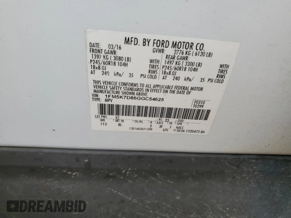 2016 Ford Explorer XLT with VIN 1FM5K7D86GGC54625, listed as a Copart auction lot 53947785 with 338,551 mi miles and Salvage Title. Bid and sale history available at DreamBid. Image 14.