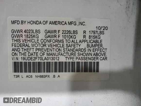 2020 Acura ILX Premium with VIN 19UDE2F70LA013012, listed as a Copart auction lot 58691315 with 47,109 mi miles and Salvage title. Bid and sale history available at DreamBid. Image 13.