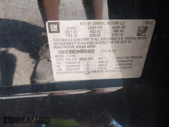 2017 Chevrolet Tahoe LT z VIN 1GNSCBKC8HR304002, wystawiony jako IAAI lot #42161530 z przebiegiem 133 891 mil mil oraz . Historia ofert i sprzedaży dostępna na DreamBid. Obrazek 9.