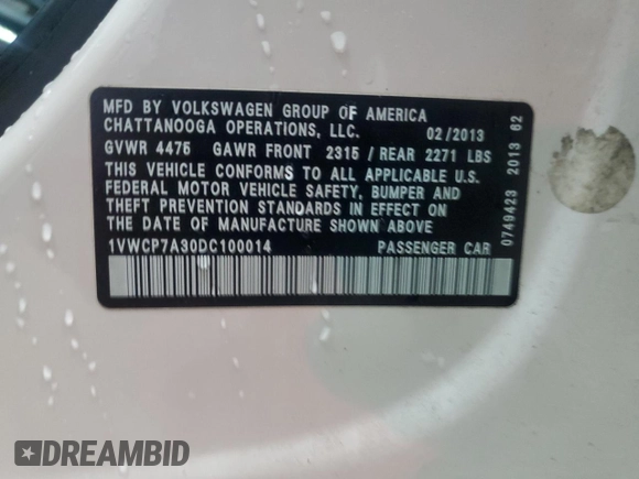 2013 Volkswagen Passat SEL Premium z VIN 1VWCP7A30DC100014, wystawiony jako Copart lot #55271515 z przebiegiem 139 484 mil mil oraz Szkoda całkowita • Salvage title. Historia ofert i sprzedaży dostępna na DreamBid. Obrazek 12.