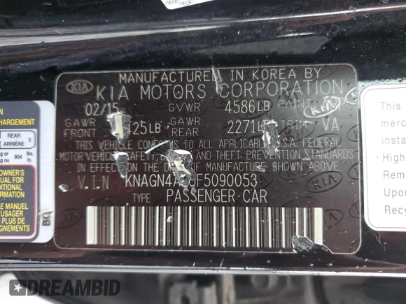 2015 Kia Optima Hybrid EX with VIN KNAGN4AD5F5090053, listed as a Copart auction lot 73826084 with 210,273 mi miles and Salvage Title. Bid and sale history available at carsss.com. Image 14.