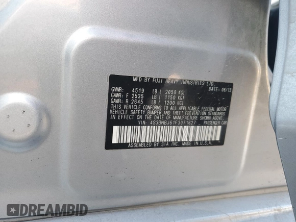 2015 Subaru Legacy 2.5i Limited with VIN 4S3BNBJ61F3071627, listed as a Copart auction lot 88430185 with 57,503 mi miles and Salvage Title. Bid and sale history available at carsss.com. Image 12.