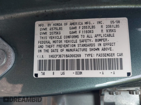 2008 Honda Accord EX with VIN 1HGCP36718A066269, listed as a IAAI auction lot 42283515 with 211,067 mi miles and . Bid and sale history available at DreamBid. Image 9.