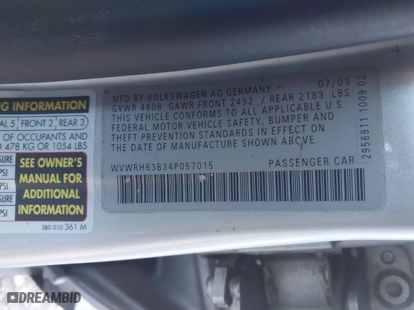 2004 Volkswagen Passat Sedan GLX with VIN WVWRH63B34P057015, listed as a IAAI auction lot 41659722 with 114,225 mi miles. Bid and sale history available at carsss.com. Image 9.