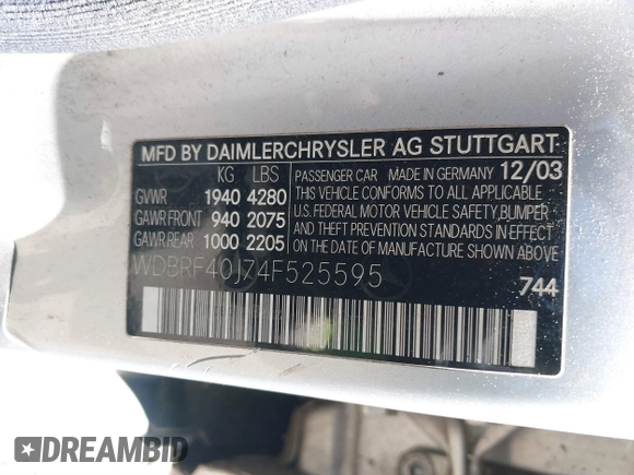 2004 Mercedes-Benz C 230 Kompressor with VIN WDBRF40J74F525595, listed as a IAAI auction lot 41878522 with 190,995 mi miles and . Bid and sale history available at DreamBid. Image 9.