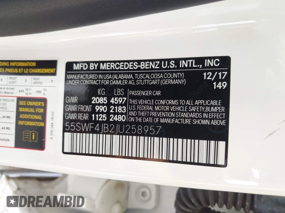2018 Mercedes-Benz C 300 with VIN 55SWF4JB2JU258957, listed as a IAAI auction lot 42058233 with 61,788 mi miles and . Bid and sale history available at DreamBid. Image 9.