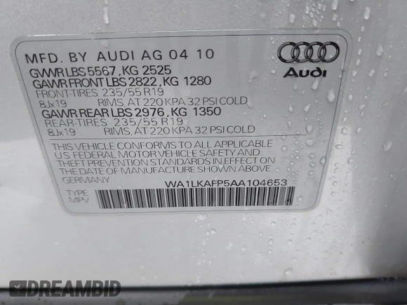 2010 Audi Q5 Premium Plus с VIN WA1LKAFP5AA104653, выставлен на аукционе IAAI как лот 41930488 с пробегом 81 934 миль миль и . История ставок и продаж доступна на DreamBid. Изображение 9.