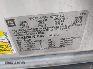2015 Buick Enclave Convenience with VIN 5GAKRAKD9FJ147474, listed as a IAAI auction lot 41725410 with Not Provided miles and . Bid and sale history available at carsss.com. Image 9.