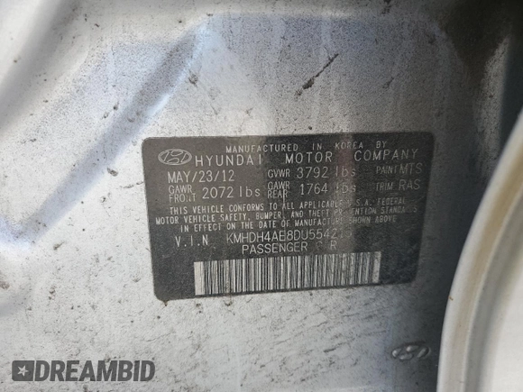 2013 Hyundai Elantra GLS z VIN KMHDH4AE8DU554215, wystawiony jako Copart lot #58157285 z przebiegiem 224 112 mil mil oraz Szkoda całkowita • Salvage title. Historia ofert i sprzedaży dostępna na DreamBid. Obrazek 12.