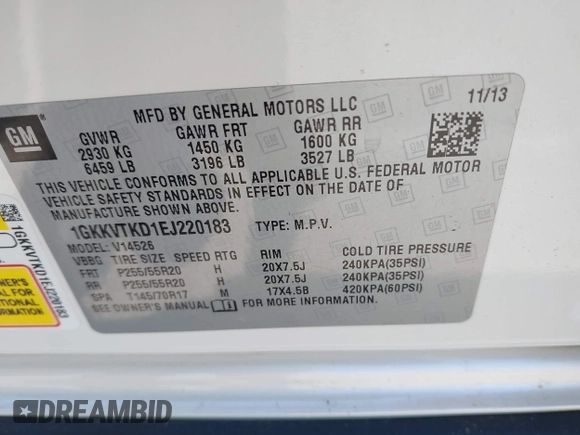 2014 GMC Acadia Denali with VIN 1GKKVTKD1EJ220183, listed as a IAAI auction lot 42230611 with 103,789 mi miles and . Bid and sale history available at carsss.com. Image 9.