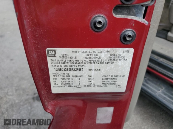 2005 Chevrolet Tahoe LS with VIN 1GNEC13V35R170096, listed as a Copart auction lot 49471625 with Not provided miles and Salvage title. Bid and sale history available at DreamBid. Image 13.