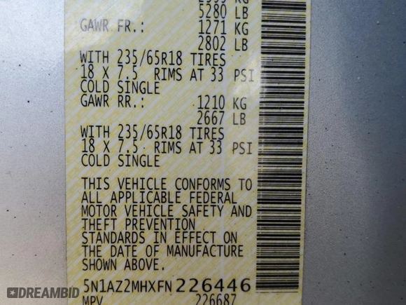 2015 Nissan Murano SV with VIN 5N1AZ2MHXFN226446, listed as a Copart auction lot 52827105 with 144,523 mi miles and Clean Title. Bid and sale history available at carsss.com. Image 13.