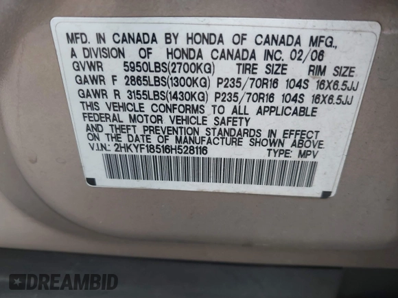 2006 Honda Pilot EX-L with VIN 2HKYF18516H528116, listed as a IAAI auction lot 41782324 with 245,280 mi miles and . Bid and sale history available at DreamBid. Image 9.