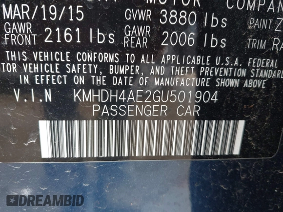 2016 Hyundai Elantra SE with VIN KMHDH4AE2GU501904, listed as a IAAI auction lot 42159618 with 53,864 mi miles and . Bid and sale history available at DreamBid. Image 9.