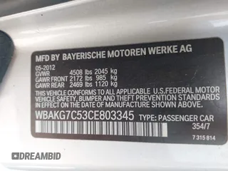2012 BMW 3 Series 335i with VIN WBAKG7C53CE803345, listed as a IAAI auction lot 42489548 with 96,521 mi miles and . Bid and sale history available at DreamBid. Image 9.