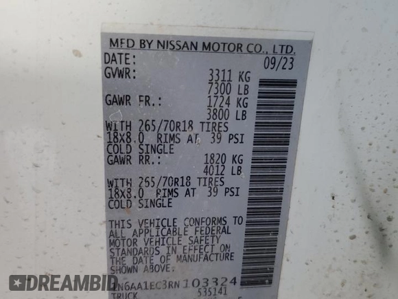 2024 Nissan Titan SV с VIN 1N6AA1EC3RN103324, выставлен на аукционе Copart как лот 47085655 с пробегом 12 241 миль миль и Списание • Salvage title. История ставок и продаж доступна на DreamBid. Изображение 12.