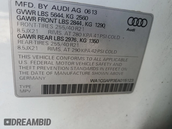 2014 Audi SQ5 Premium Plus with VIN WA1CGAFP3EA015123, listed as a Copart auction lot 69677294 with 59,328 mi miles and Salvage Title. Bid and sale history available at carsss.com. Image 13.