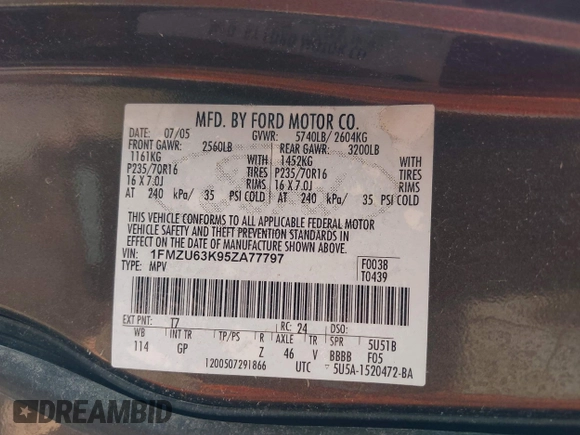 2005 Ford Explorer XLT with VIN 1FMZU63K95ZA77797, listed as a IAAI auction lot 42374661 with 187,409 mi miles and . Bid and sale history available at DreamBid. Image 9.