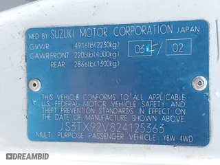 2002 Suzuki XL-7 Standard with VIN JS3TX92V824125363, listed as a IAAI auction lot 41221270 with 190,034 mi miles. Bid and sale history available at carsss.com. Image 9.