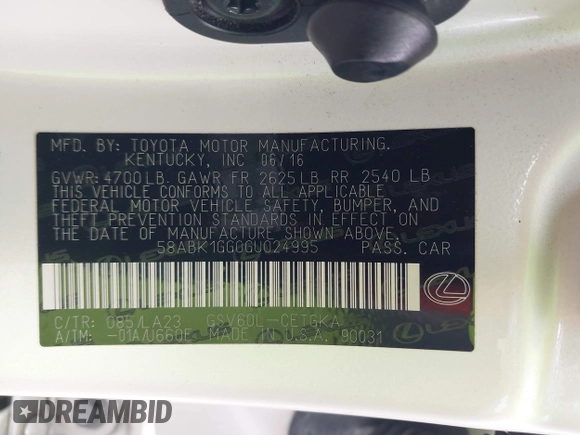 2016 Lexus ES 330 z VIN 58ABK1GG0GU024995, wystawiony jako IAAI lot #42174973 z przebiegiem 80 131 mil mil oraz . Historia ofert i sprzedaży dostępna na DreamBid. Obrazek 9.