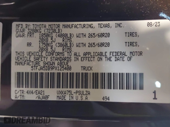 2023 Toyota Tundra Limited with VIN 5TFJA5DB9PX125400, listed as a IAAI auction lot 41336129 with 12,384 mi miles and . Bid and sale history available at DreamBid. Image 9.