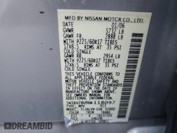 2006 Nissan Quest SE with VIN 5N1BV28U96N118097, listed as a Copart auction lot 78171414 with 0 mi miles and Salvage Title. Bid and sale history available at carsss.com. Image 14.