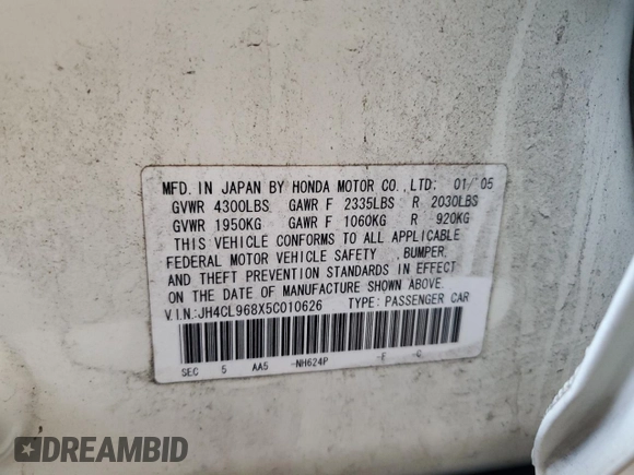 2005 Acura TSX with VIN JH4CL968X5C010626, listed as a Copart auction lot 63658785 with 187,350 mi miles and Salvage title. Bid and sale history available at DreamBid. Image 12.