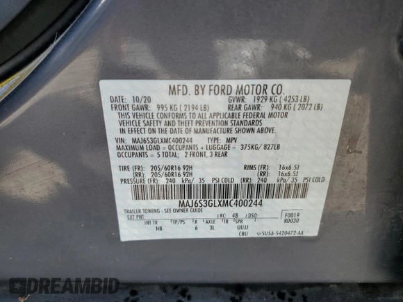 2021 Ford EcoSport SE z VIN MAJ6S3GLXMC400244, wystawiony jako Copart lot #73909434 z przebiegiem 41 758 mil mil oraz Nie do naprawy • Non repairable. Historia ofert i sprzedaży dostępna na DreamBid. Obrazek 13.