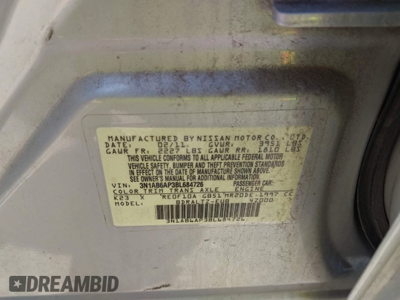 2011 Nissan Sentra S с VIN 3N1AB6AP3BL684726, выставлен на аукционе IAAI как лот 42269927 с пробегом 151 359 миль миль и . История ставок и продаж доступна на DreamBid. Изображение 9.