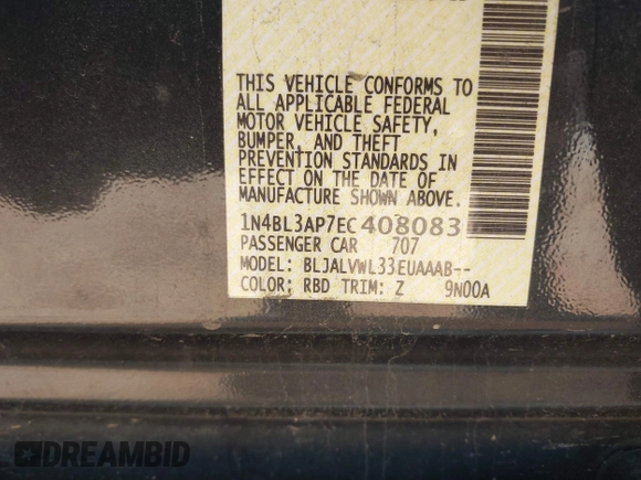 2014 Nissan Altima SL with VIN 1N4BL3AP7EC408083, listed as a IAAI auction lot 40978013 with 108,381 mi miles and . Bid and sale history available at DreamBid. Image 9.