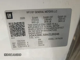 2021 GMC Acadia SLT with VIN 1GKKNMLS8MZ120245, listed as a IAAI auction lot 41170043 with 83,890 mi miles. Bid and sale history available at carsss.com. Image 9.