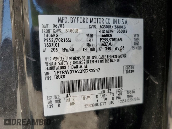 2003 Ford F-150 XLT with VIN 1FTRW07623KD82847, listed as a Copart auction lot 50303265 with 156,781 mi miles and Clean Title. Bid and sale history available at carsss.com. Image 12.