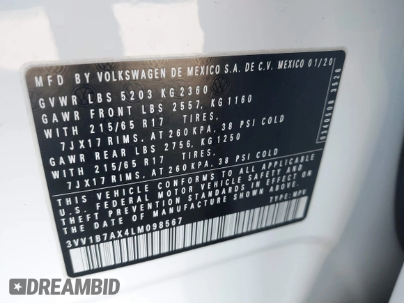 2020 Volkswagen Tiguan S z VIN 3VV1B7AX4LM098567, wystawiony jako IAAI lot #41504191 z przebiegiem 106 012 mil mil oraz . Historia ofert i sprzedaży dostępna na DreamBid. Obrazek 9.