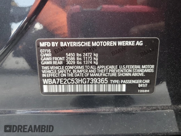 2017 BMW 7 Series 740i with VIN WBA7E2C53HG739365, listed as a Copart auction lot 58234325 with Not provided miles and Salvage title. Bid and sale history available at DreamBid. Image 12.