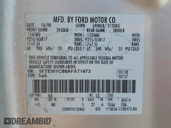 2010 Ford F-150 XL with VIN 1FTEW1C88AFA71473, listed as a Copart auction lot 61420085 with 143,965 mi miles and Salvage title. Bid and sale history available at DreamBid. Image 12.