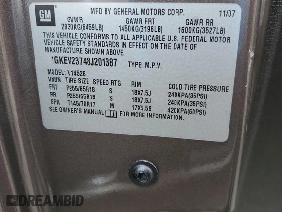 2008 GMC Acadia SLT1 with VIN 1GKEV23748J201387, listed as a Copart auction lot 51902465 with 233,190 mi miles and Salvage Title. Bid and sale history available at DreamBid. Image 13.