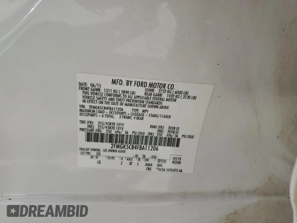 2015 Ford Flex SEL with VIN 2FMGK5C84FBA11206, listed as a Copart auction lot 51300035 with 155,493 mi miles and Salvage Title. Bid and sale history available at carsss.com. Image 12.