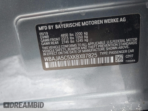 2019 BMW 5 Series 530i с VIN WBAJA5C5XKBX87825, выставлен на аукционе IAAI как лот 41411034 с пробегом 86 000 миль миль и . История ставок и продаж доступна на DreamBid. Изображение 9.