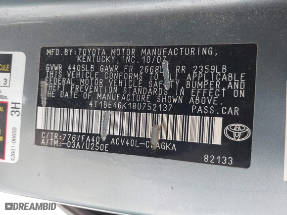 2008 Toyota Camry LE with VIN 4T1BE46K18U752137, listed as a IAAI auction lot 42027846 with 247,916 mi miles. Bid and sale history available at carsss.com. Image 9.
