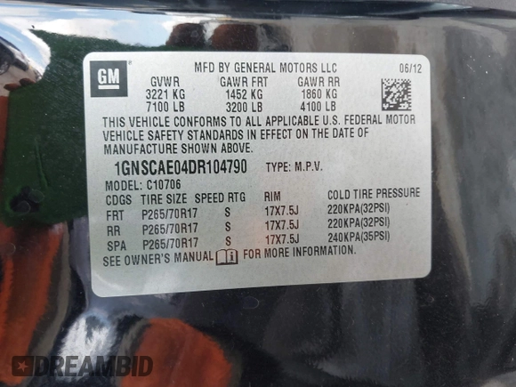 2013 Chevrolet Tahoe LS with VIN 1GNSCAE04DR104790, listed as a IAAI auction lot 42225652 with 119,948 mi miles and . Bid and sale history available at DreamBid. Image 9.