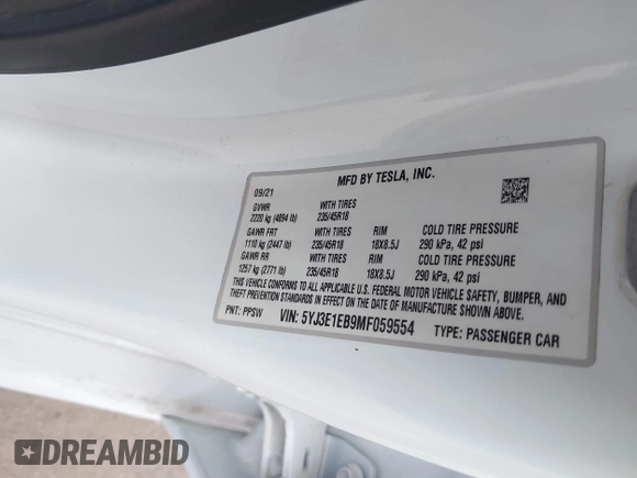 2021 Tesla Model 3 Long Range with VIN 5YJ3E1EB9MF059554, listed as a IAAI auction lot 41231520 with 63,696 mi miles and . Bid and sale history available at DreamBid. Image 9.